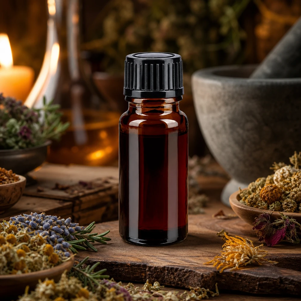 Mörk 10 ml apoteksflaska med skruvlock, omgiven av torkade medicinalväxter och blommor
