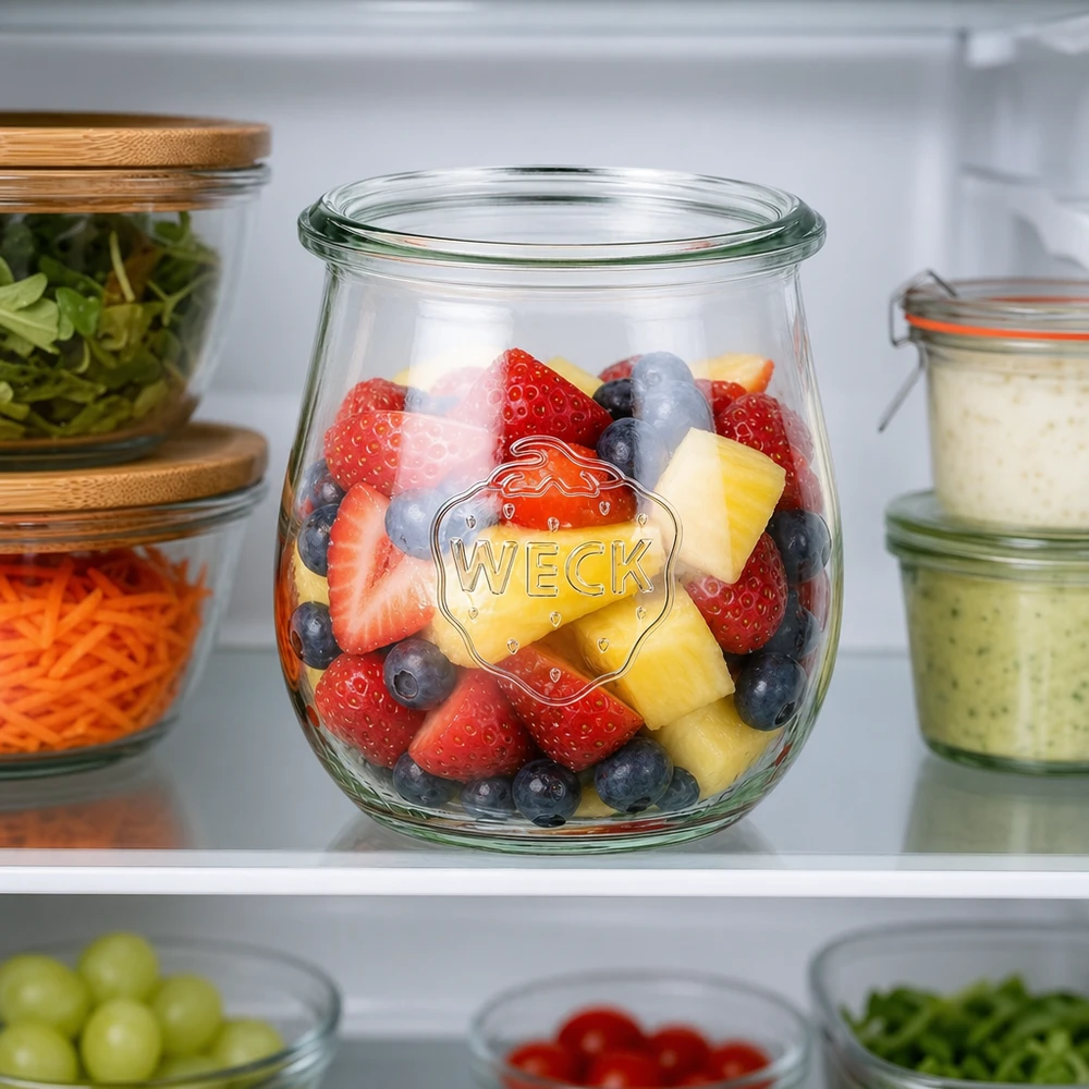 220ml tulpanburk WECK RR60 WECK tulpanburk 220ml RR60 i kylen med fruktsallad av jordgubbar blåbär ananas som en måltidsförberedande behållare