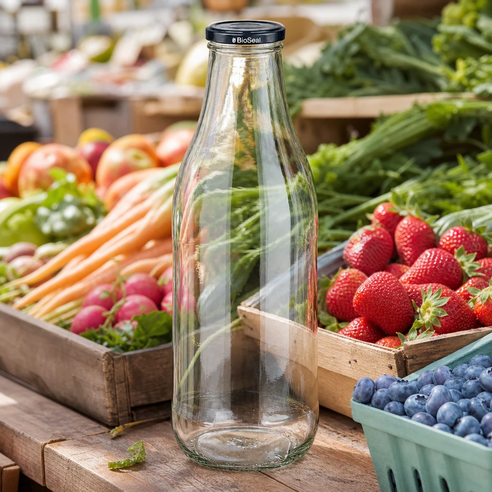 1000 ml glasflaska BioSeal lock svart marknadsstånd färsk frukt grönsaker jordgubbar blåbär hållbar regional
