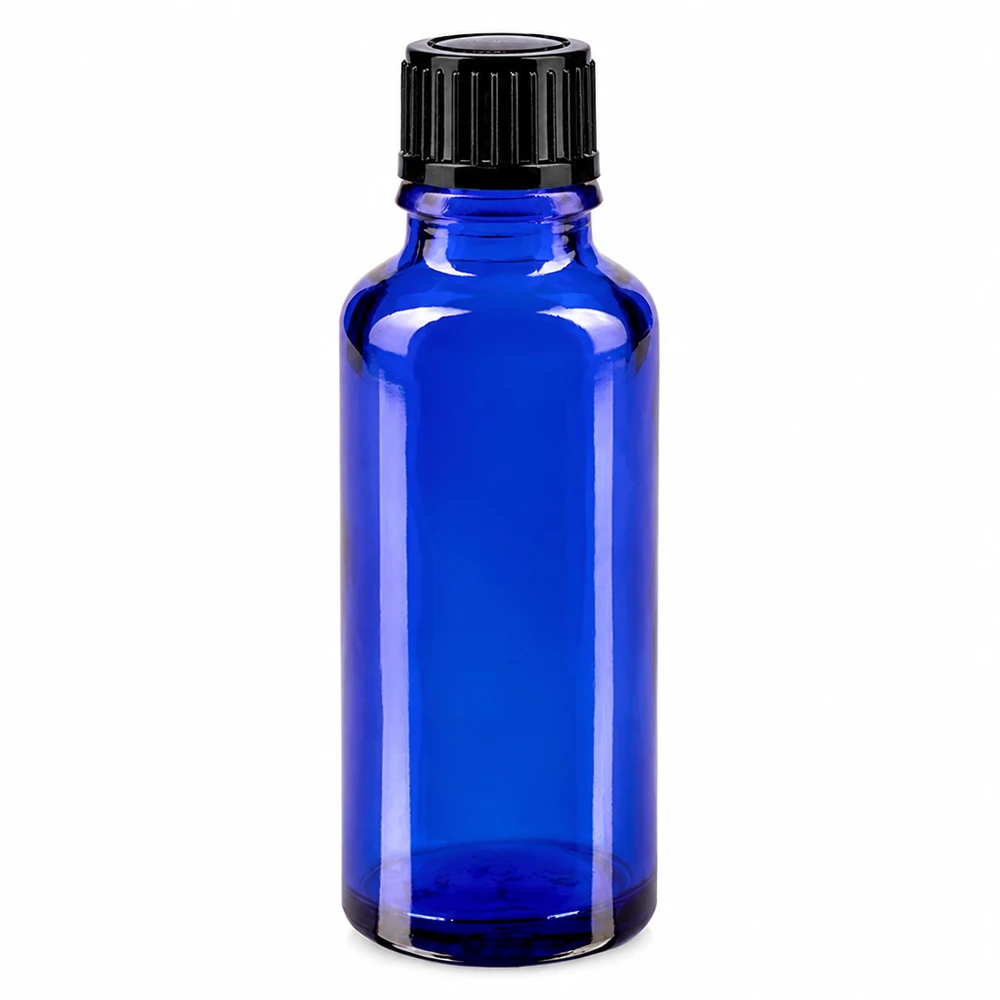 Apoteksflaska blå 30ml skruvlock svart standard 30 ml blå apotekarflaska i glas med svart standardlock, 11 mm