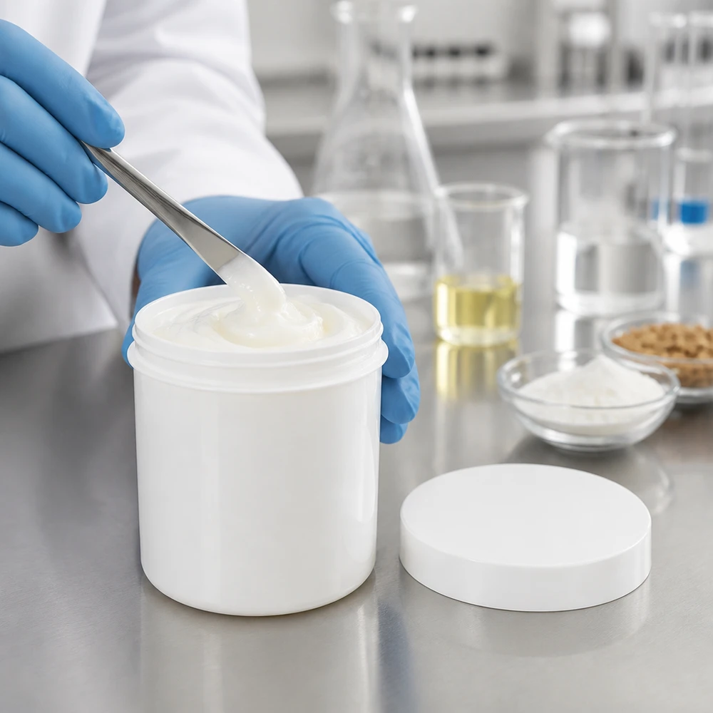 En öppen vit salvorburk på 250 g med krämigt innehåll och laboratorietillbehör i bakgrunden