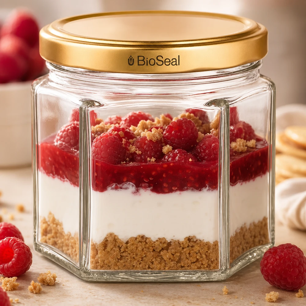 UNiTWIST Hexa47 med gyllene BioSeal-lock som en dessertburk fylld med hallonlagrad dessert och smulpaj
