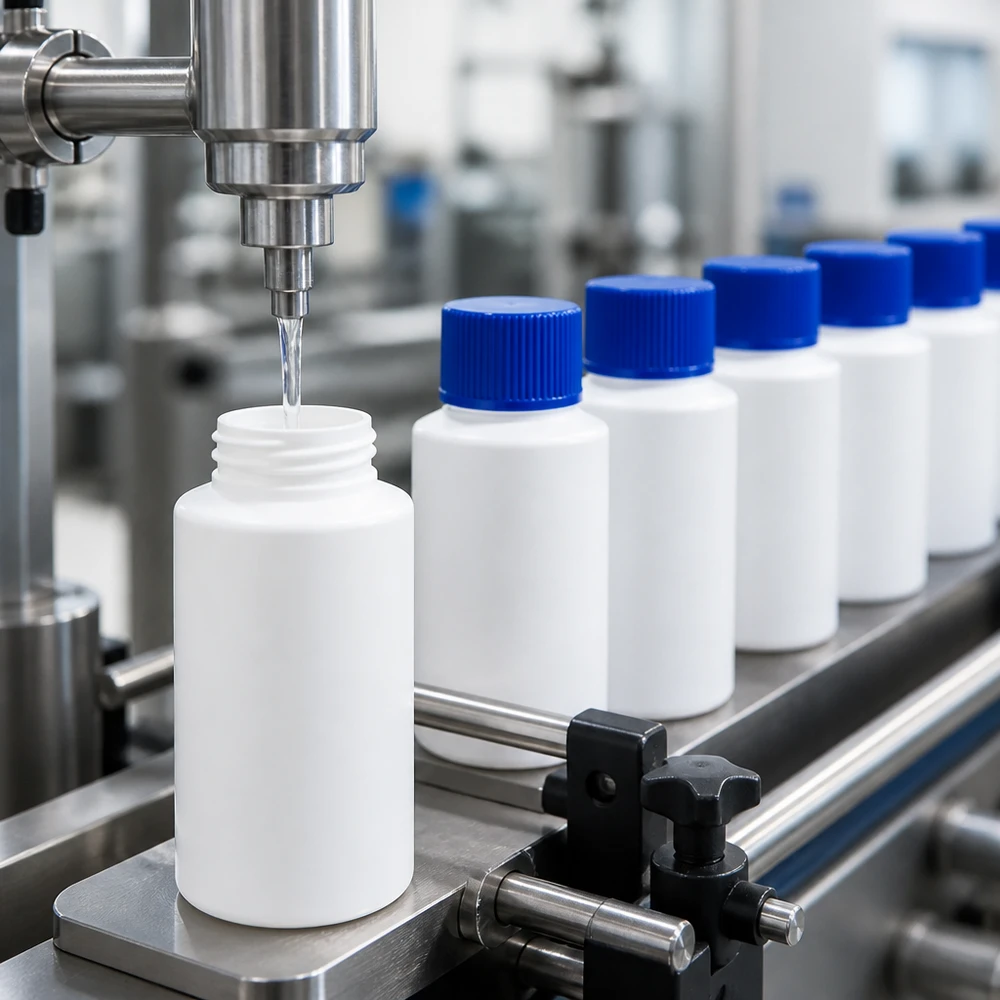 Apoteksflaska HDPE 30ml vit, med blått skruvlock Automatisk fyllning av vita HDPE-apotekflaskor på 30 ml med blå skruvkork