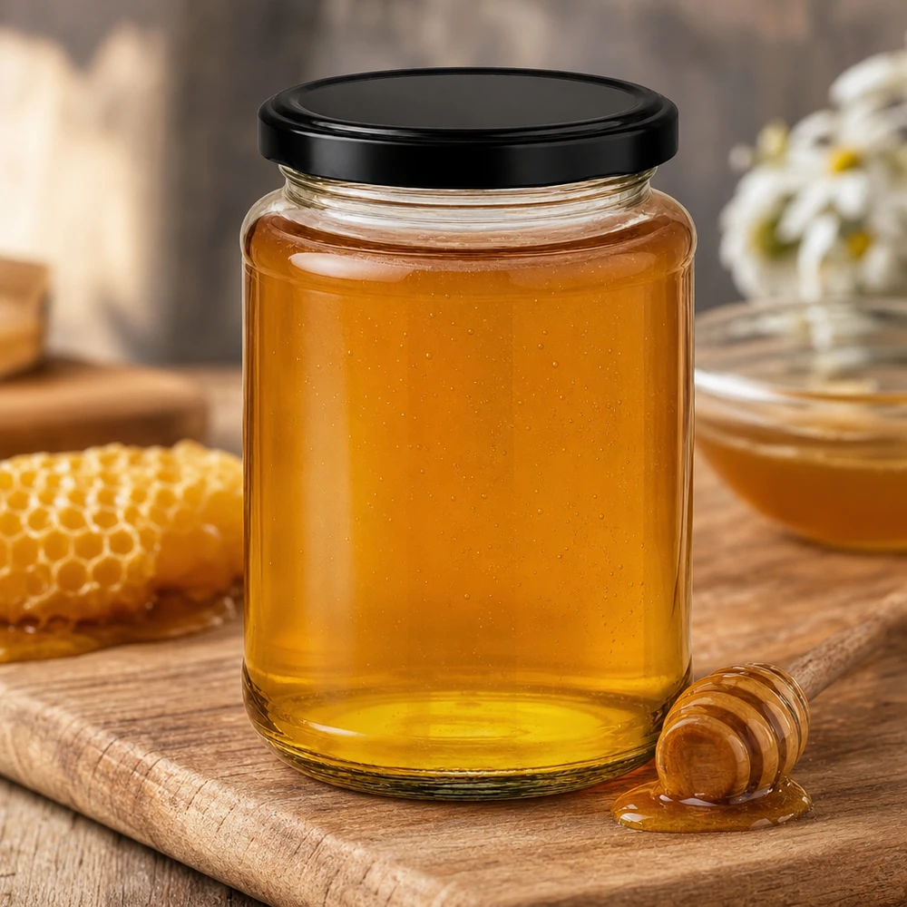 Rund glasburk 382 ml med lock BasicSeal svart UNiTWIST 382 ml rund burk BasicSeal svart rustikt träutseende med honungskam honungspipa traditionell biodling naturprodukt