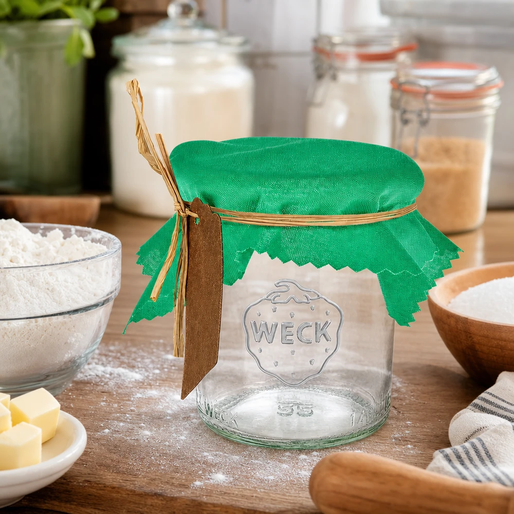 Smyckesunderlägg i tyg grön 12cm kvadrat Grön tygdocka 12 cm fyrkantig med raffiabåge på burk mellan bakingredienser och mjölskålar