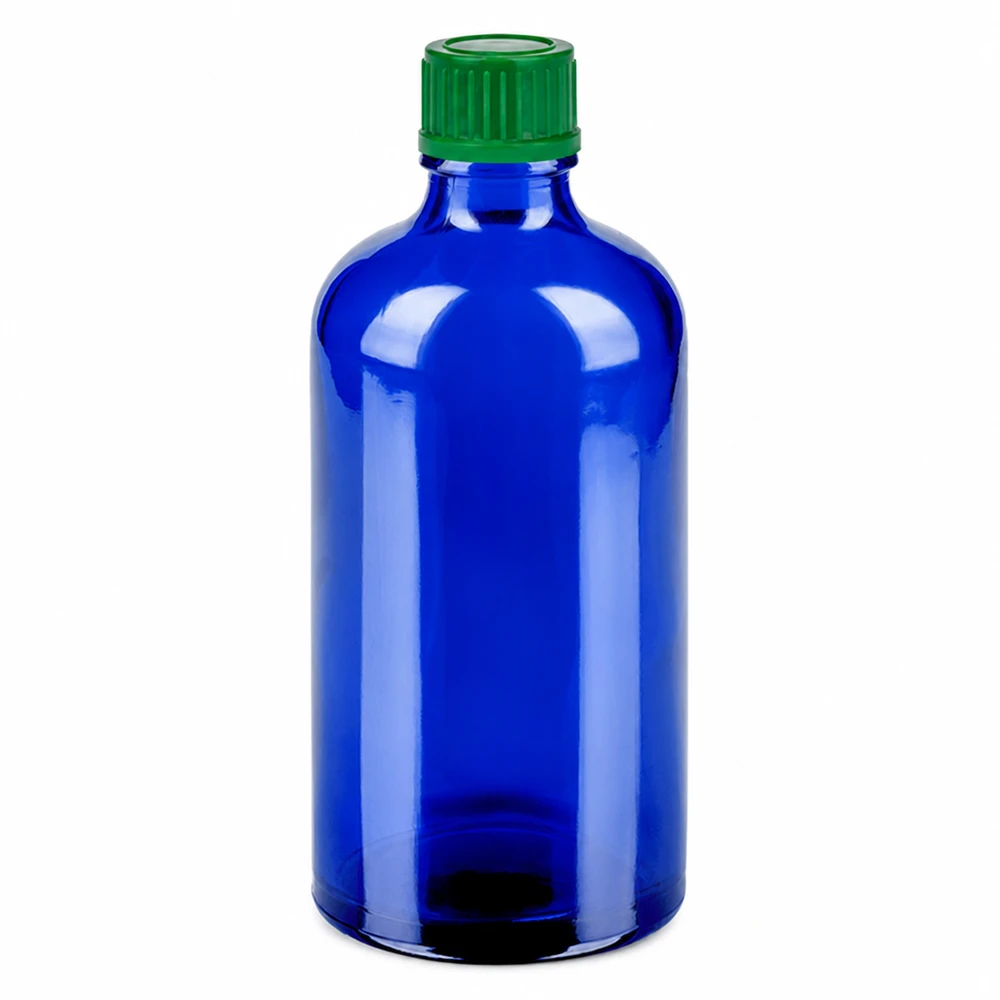 100ml flaska 11mm skruvkork grön standard BlueLine UT18/100 100 ml blå glasflaska med grönt skruvlock för kosmetika och läkemedel