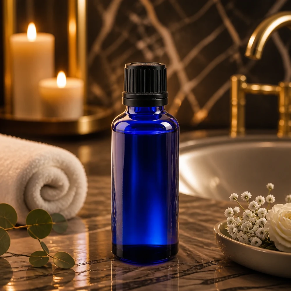 Blå 30 ml ApoGlas-flaska med svart skruvlock på marmor, bredvid ljus och en handduk