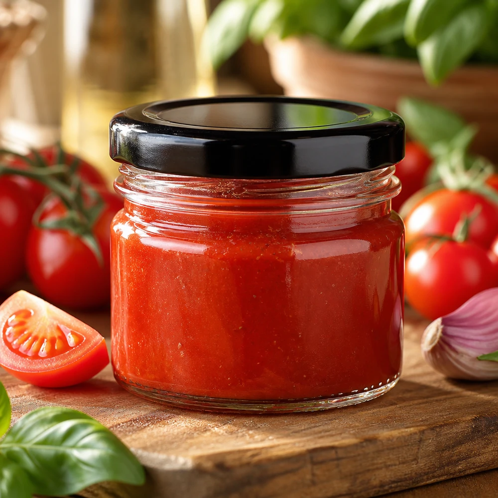 Tomatsås i ett runt glas på 33 ml med svart BasicSeal-lock på en träbricka med färska tomater