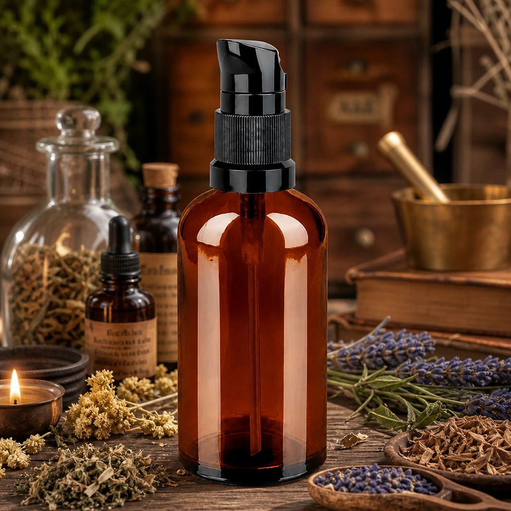 100ml pumpflaska svart standardlock BrownLine UT18/100 Kompakt 100 ml pumpflaska i bärnstensfärgat glas med svart pumptillsats för exakt dosering