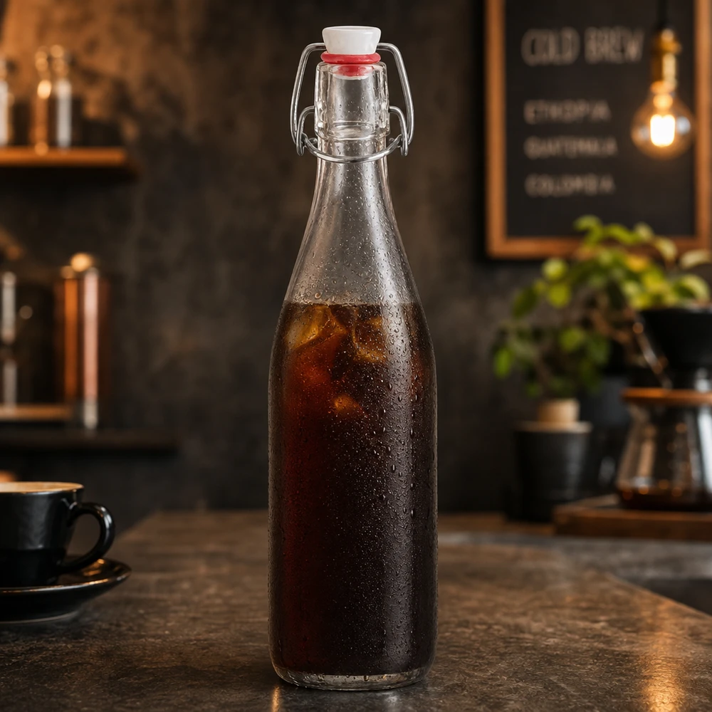 500ml glasflaska + svängbar topp PVC UNiTWIST 500 ml glasflaska med svängbar topp fylld med kallbryggt kaffe i en rustik caféatmosfär