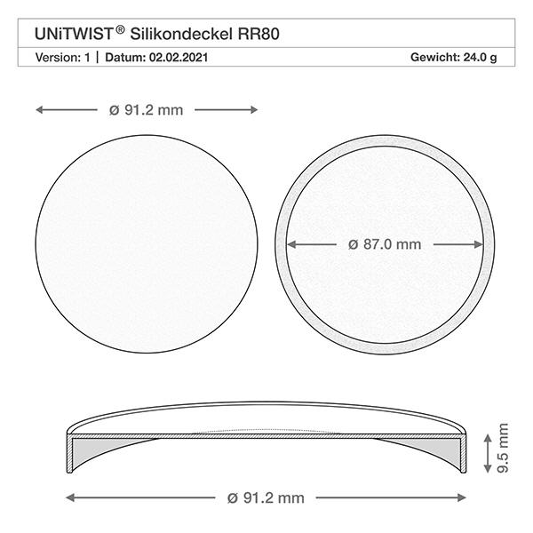 Silikonlock vit UNiTWIST för WECK RR80 Teknisk ritning UNiTWIST silikonskydd RR80 med måtten 91,2 mm ytterdiameter 87 mm innerdiameter