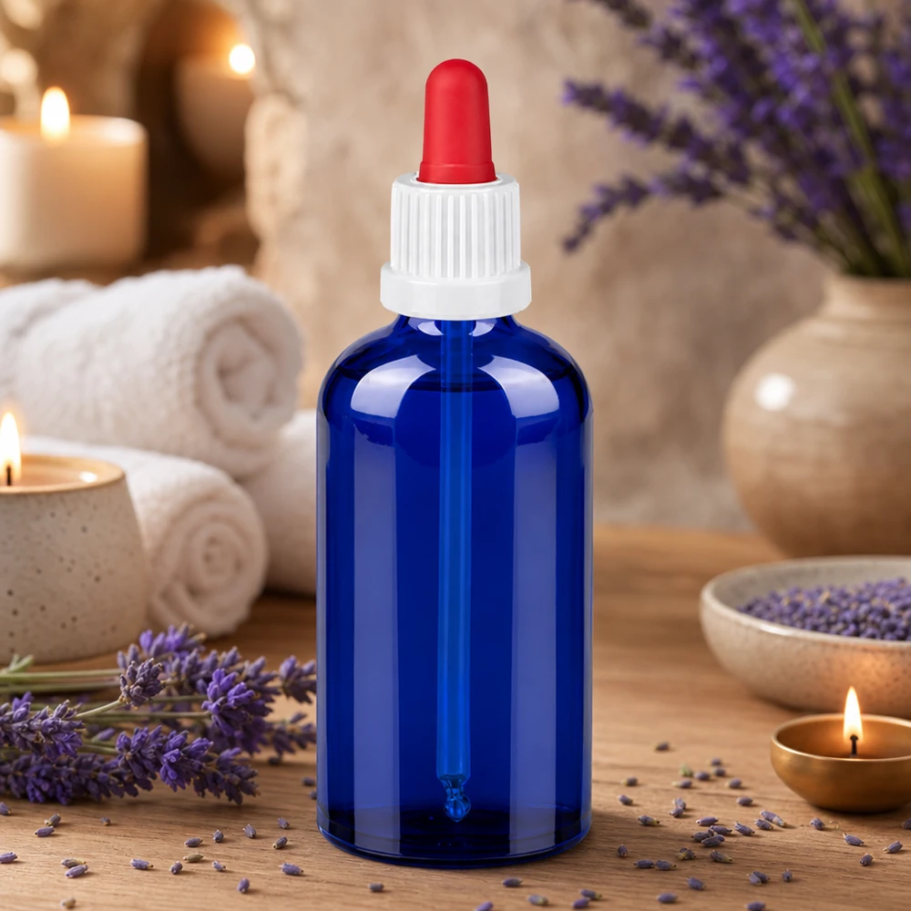 Högkvalitativ 100 ml pipettflaska i elegant blå färg med praktiskt droppsystem för aromaterapi