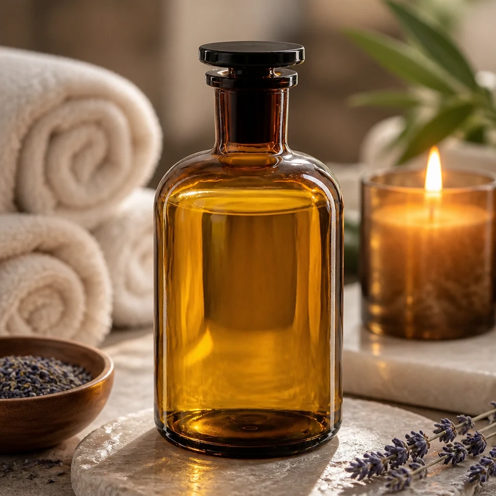 Flaska med rund axel 500ml brun glaspropp med smal hals Spa Ambiente brun flaska med rundade axlar, 500 ml, smal hals, glaspropp, förvaring av aromolja