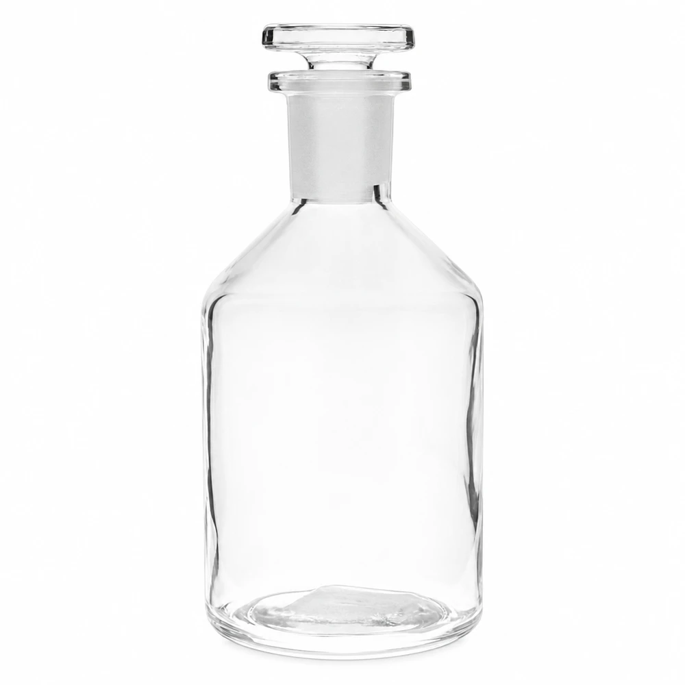 Genomskinlig flaska med smal hals och utbuktande bröst, 50 ml, med inslipad glaspropp