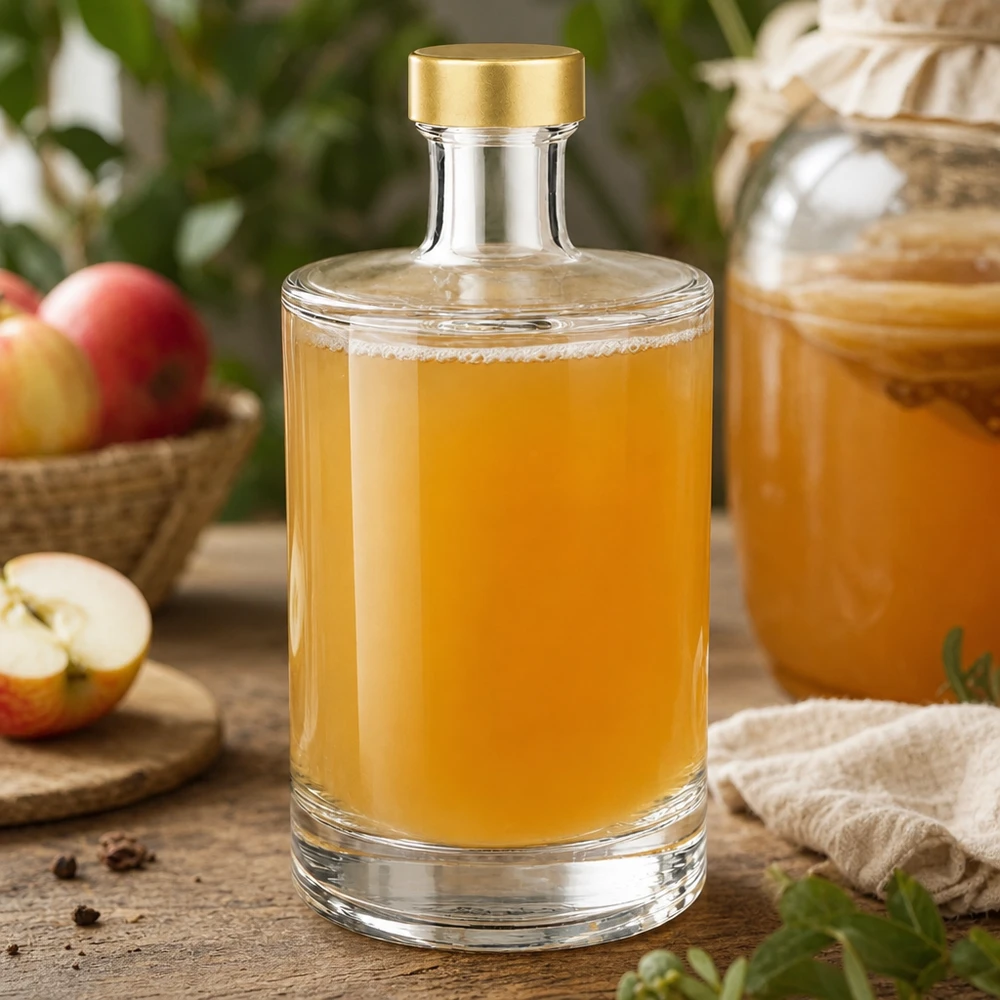500 ml glasflaska Sam + skruvkork guld UNiTWIST® 500 ml glasflaska Sam fylld med äppeljuice gyllene UNiTWIST-kork rustik äppeldekoration träbord