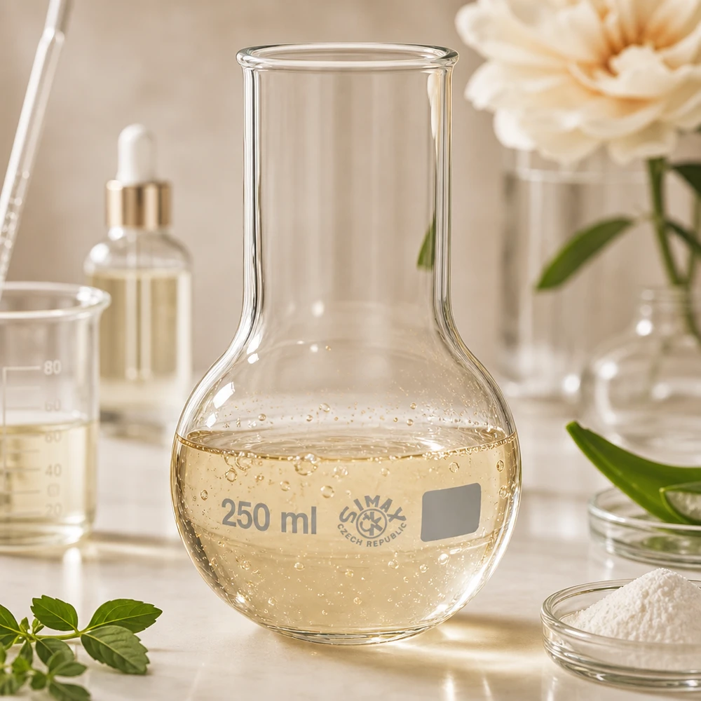 Höftkolv 250 ml bred hals Borosilikatglasflaska 250 ml med guldfärgat innehåll för kosmetika och naturprodukter