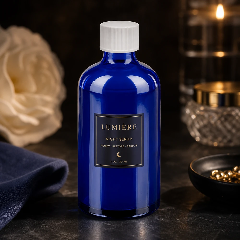 Premium BlueLine-glasflaska 100 ml med UV-skydd och vitt standardlock för serum