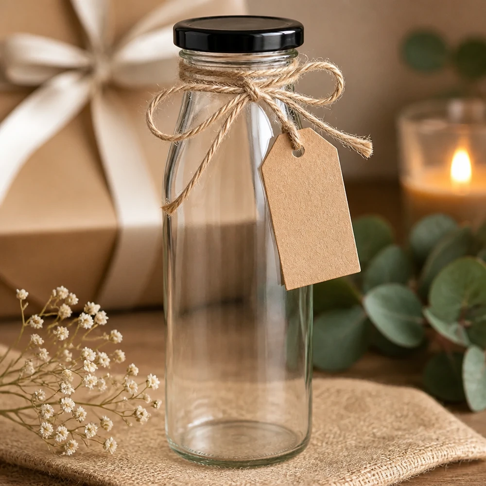 500 ml glasflaska + BasicSeal-lock svart UNiTWIST 500 ml glasflaska med svart lock som present dekorerad med jutesnöre och rustik presentetikett