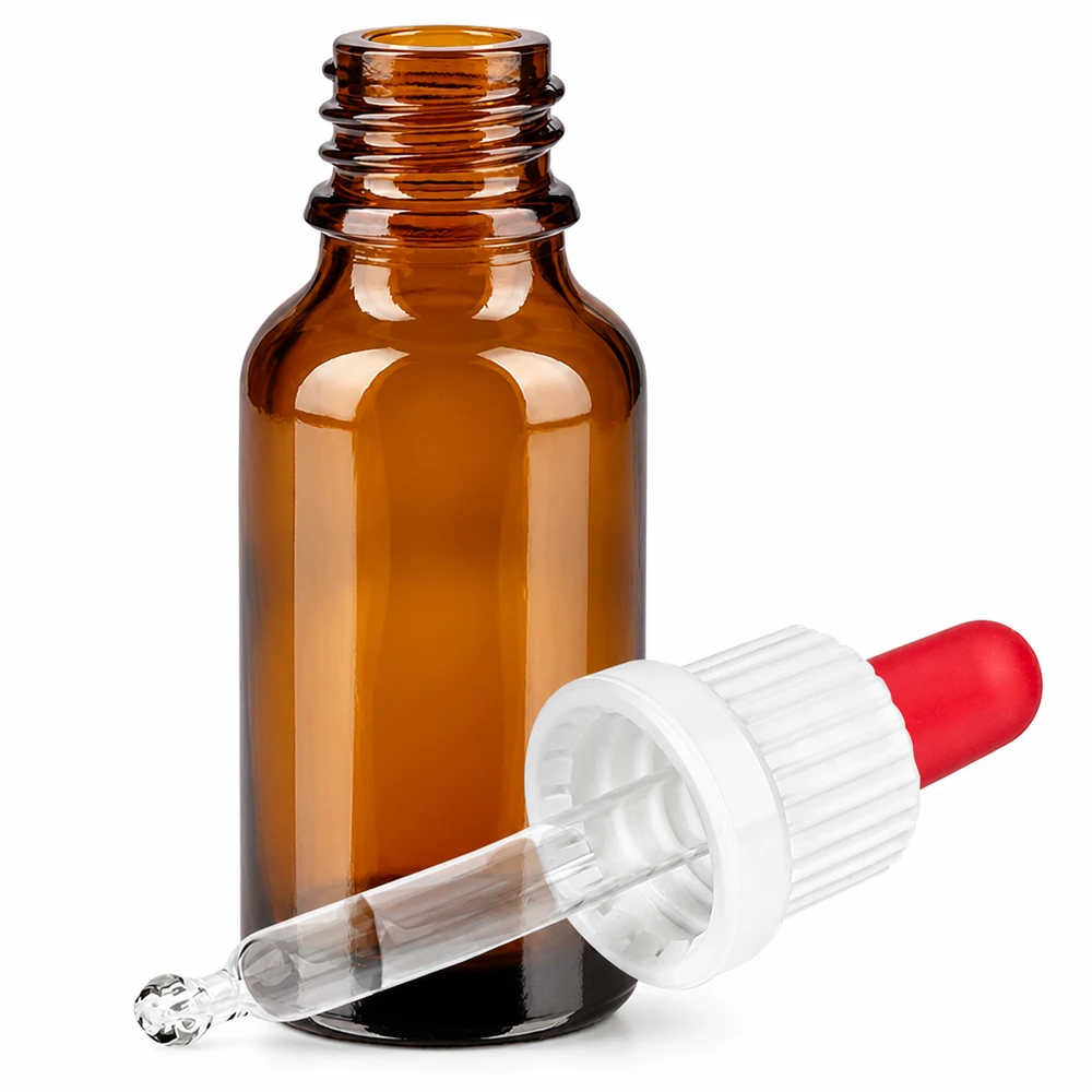 20 ml pipettflaska vit/röd med säkerhetsförslutning BrownLine UT18/20 20 ml bärnstensfärgad glasflaska med pipettlock för droppapplikationer och exakt dosering