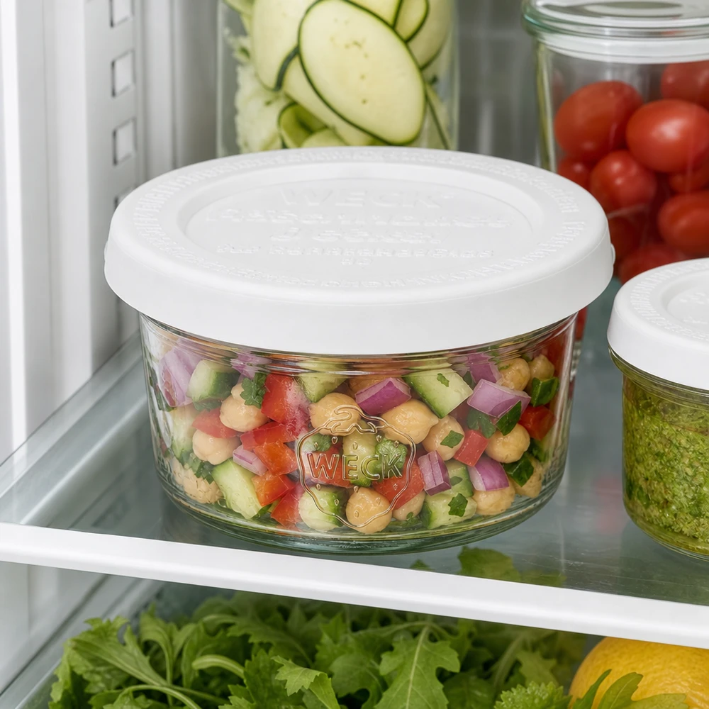 50ml Krossade glasögon med friskhetslock WECK RR60 WECK 50 ml RR60-glas med färgglad sallad i kylskåpet mellan färska ingredienser för praktisk förvaring av måltidsförberedelser