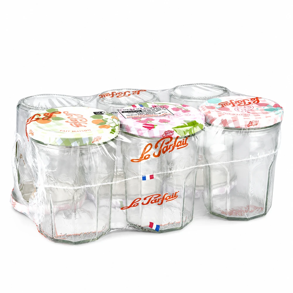 Le Parfait syltglas 385 ml i en förpackning om 6 med färgglada skruvlock med krympförpackning