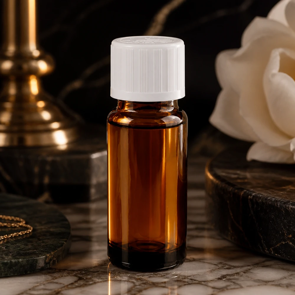 Apoteksflaska brun 10ml dropplock vit barnsäker standard Brun 10 ml droppflaska av apotekerglas med vitt KiSi-lock på marmor bredvid en vit ros