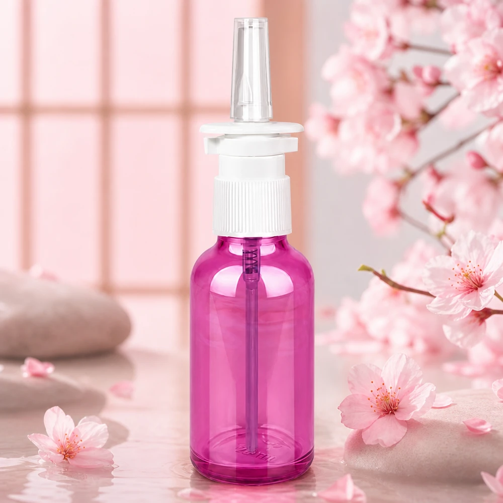 30 ml nässprayflaska vit/transparent standard PurpleLine. UT18/30 Högkvalitativ 30 ml nässprayflaska med STD-gänga i snyggt lila utseende för farmaceutiska produkter
