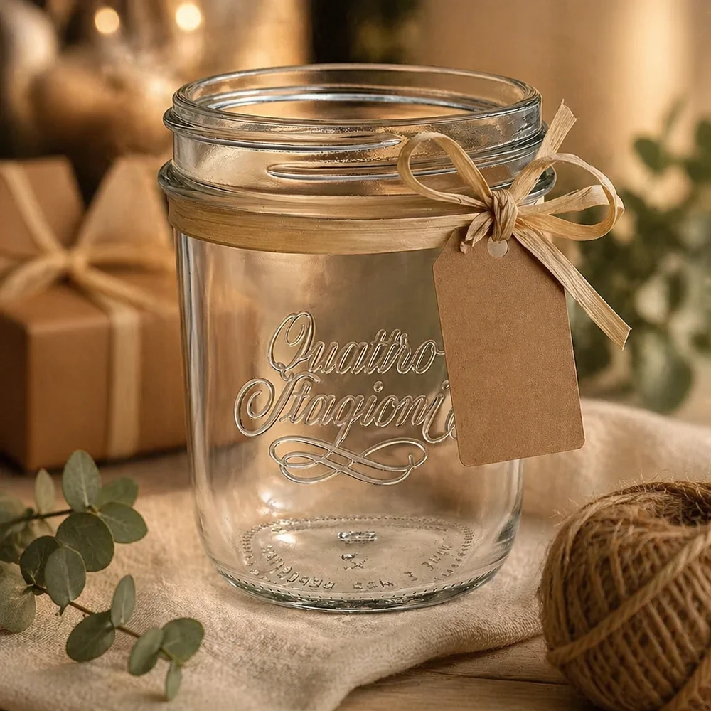 320 ml "Quattro Stagioni" Krossade glasögon QS86mm 320 ml Quattro Stagioni konserveringsburk med band och presentetikett som dekoration på ett rustikt träbord