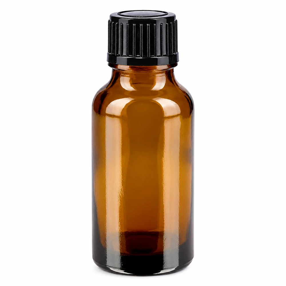 Apoteksflaska brun 20ml skruvkork svart standard 20 ml brun apotekarflaska i glas med svart standardlock, 11 mm