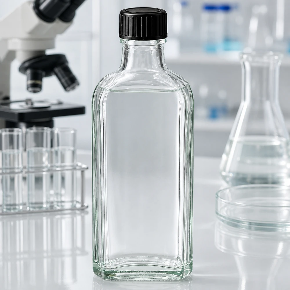 Platt Meplat-glasflaska, 100 ml, transparent, med svart plastlock för användning i laboratoriemiljö