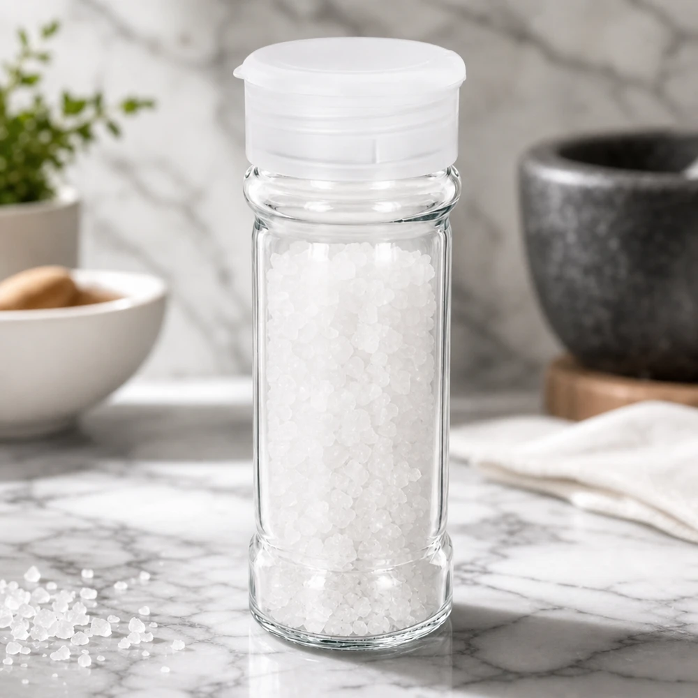 Salt-/kryddburk 100 ml med ströare, vit Runt saltglas, 100 ml, med vit strölock, fyllt med grovt havssalt på en marmorunderlägg