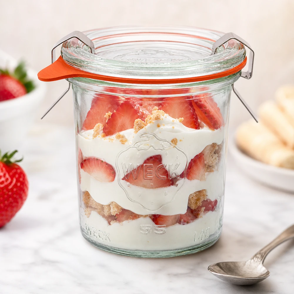 140ml Krossade glasögon komplett WECK RR60 WECK 140 ml RR60 dessertburk med jordgubbar och grädde fylld med färska jordgubbar och kexsmulor som portionsburk