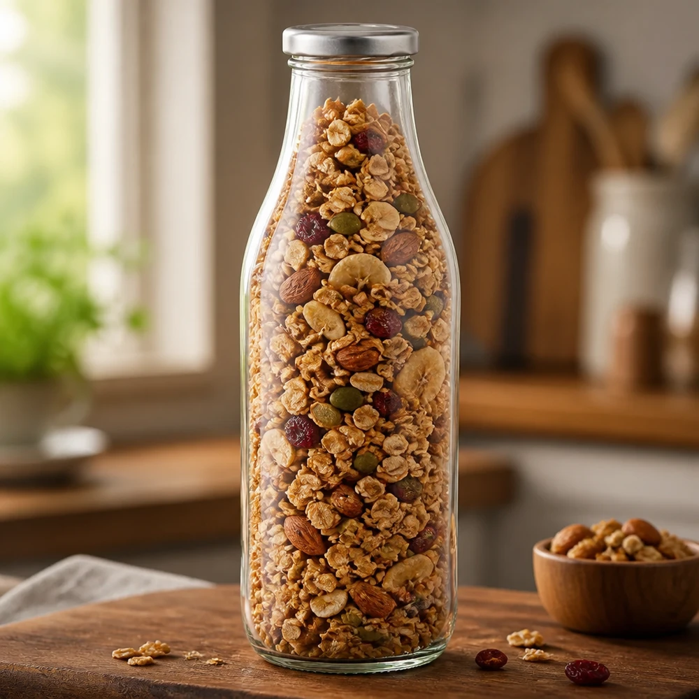 1000 ml glasflaska BasicSeal silver fylld med müsli, nötter och torkad frukt Förvaring i köket