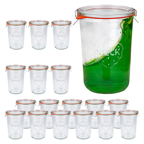 Set med 18 Weck-burkar 850ml, 3/4L Krossade glasögon med 18 glaslock