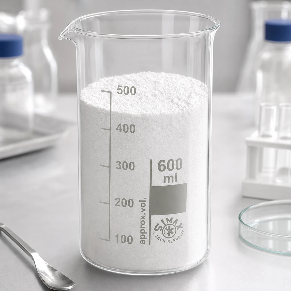 Bägare 600ml borosilikatglas, hög form Ett 600 ml begerglas i hög form, fyllt med vitt pulver, på ett laboratoriebord med laboratorieutrustning