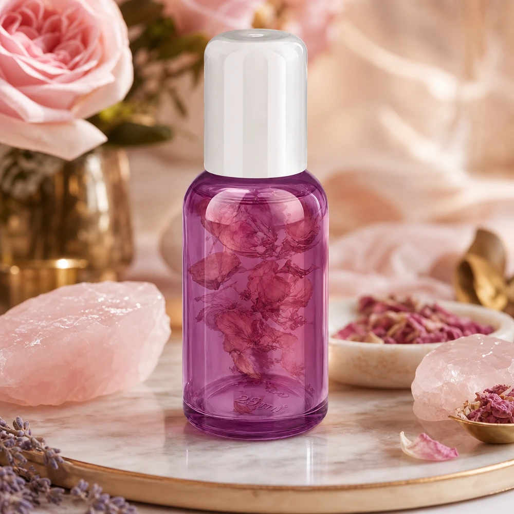 Roll-on-flaska i violett glas 30 ml med torkade rosenblad för naturlig aromaterapi