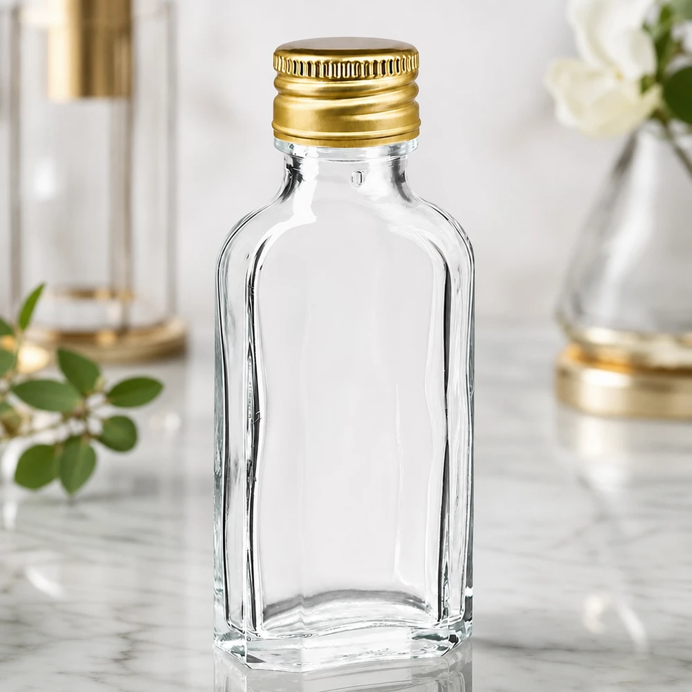 50 ml Meplat klar med aluminiumlock guld PP22 Platt 50 ml-flaska i klart glas, modell Meplat, med guldfärgat aluminiumlock PP22 på marmorunderlägg