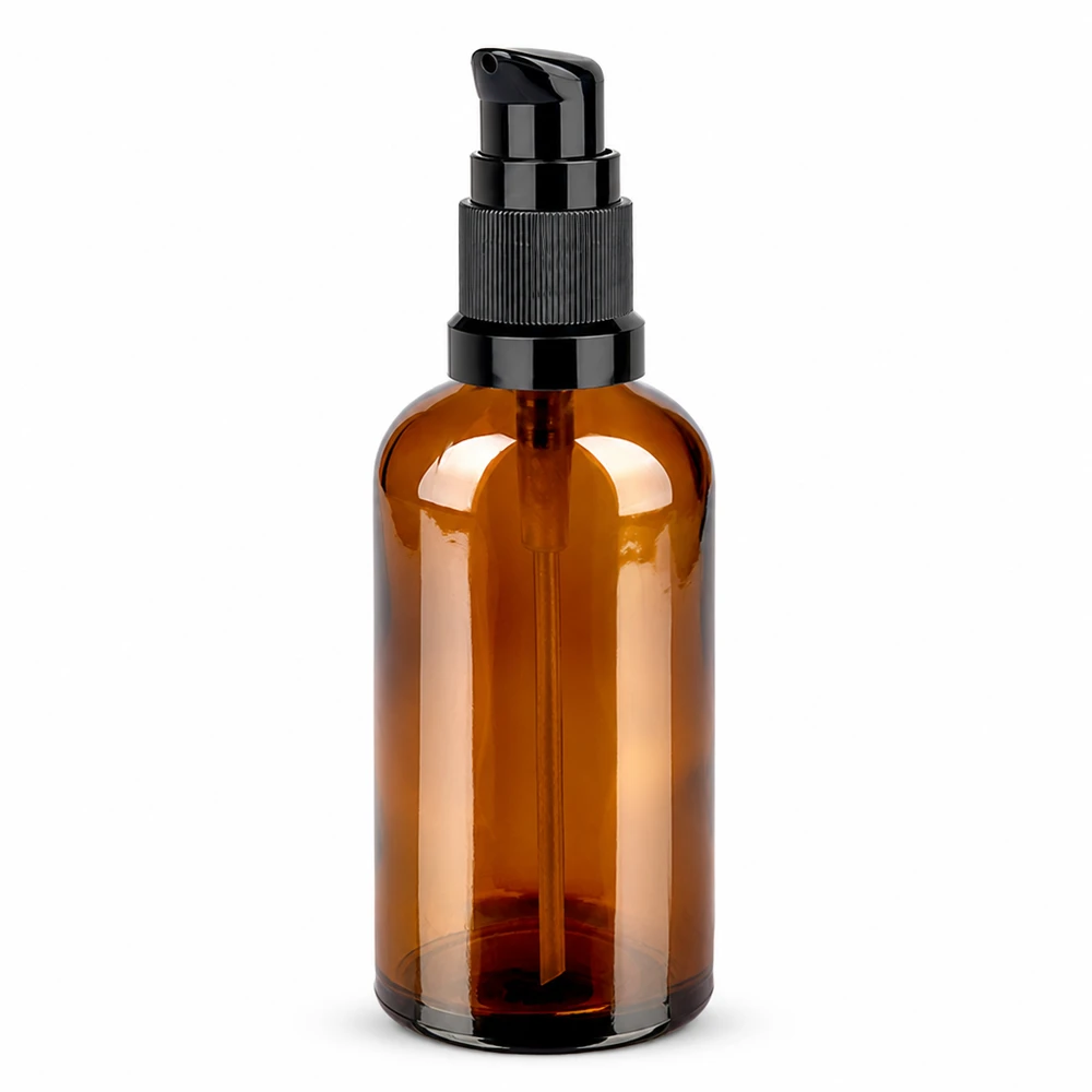 100ml pumpflaska svart standardlock BrownLine UT18/100 Brun glasflaska 100ml med svart pumpdispenser för serum och oljor