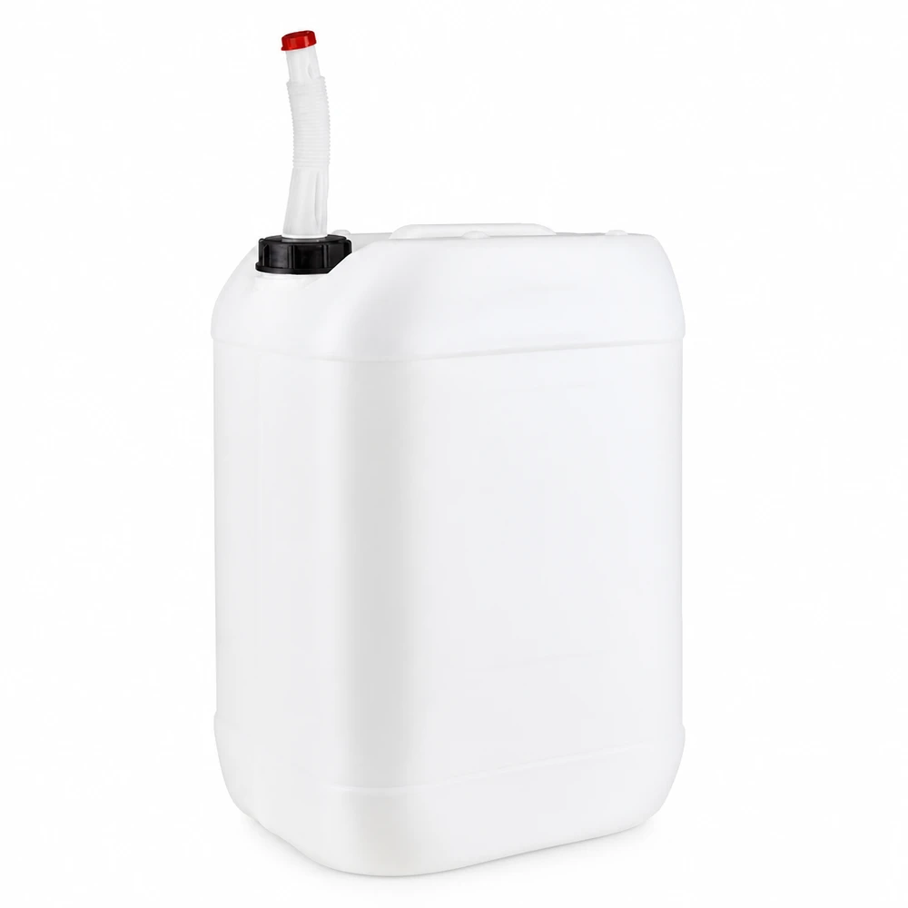 25 liters dunk med flexibelt utloppsrör Vit 25-liters plastdunk med flexibelt utloppsrör och rött lock