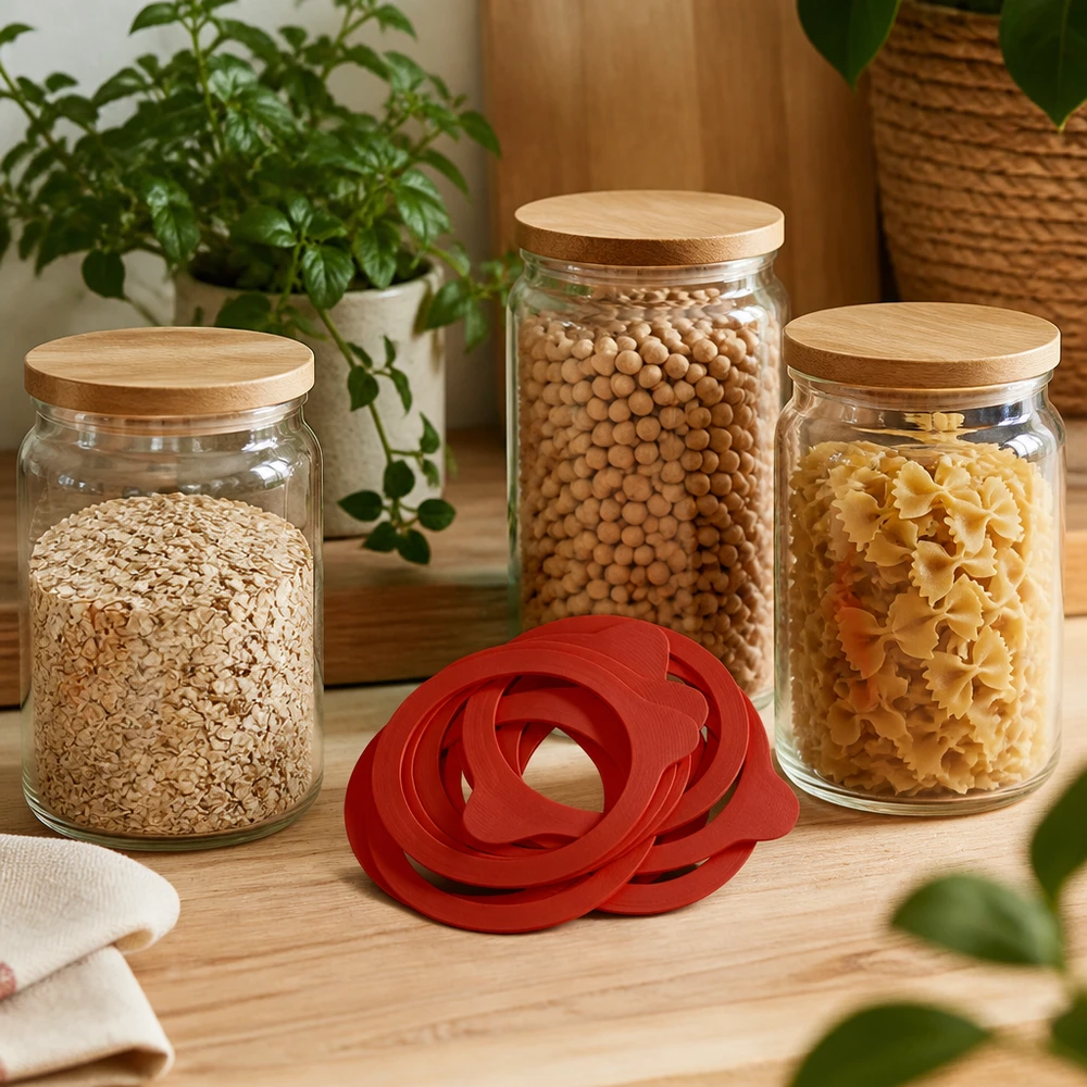 Konserveringsring av naturgummi RR100 Röda konserveringsringar RR100 Naturgummi framför förvaringsburkar med pasta pulser havre flingor Köksdekoration