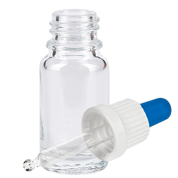 10ml Pipettflaska vit/blå med manipulationsskyddat lock ClearLine UT18/10 Pipettflaska i klart glas, 10 ml, med vit pipett och blå gummikula, öppen