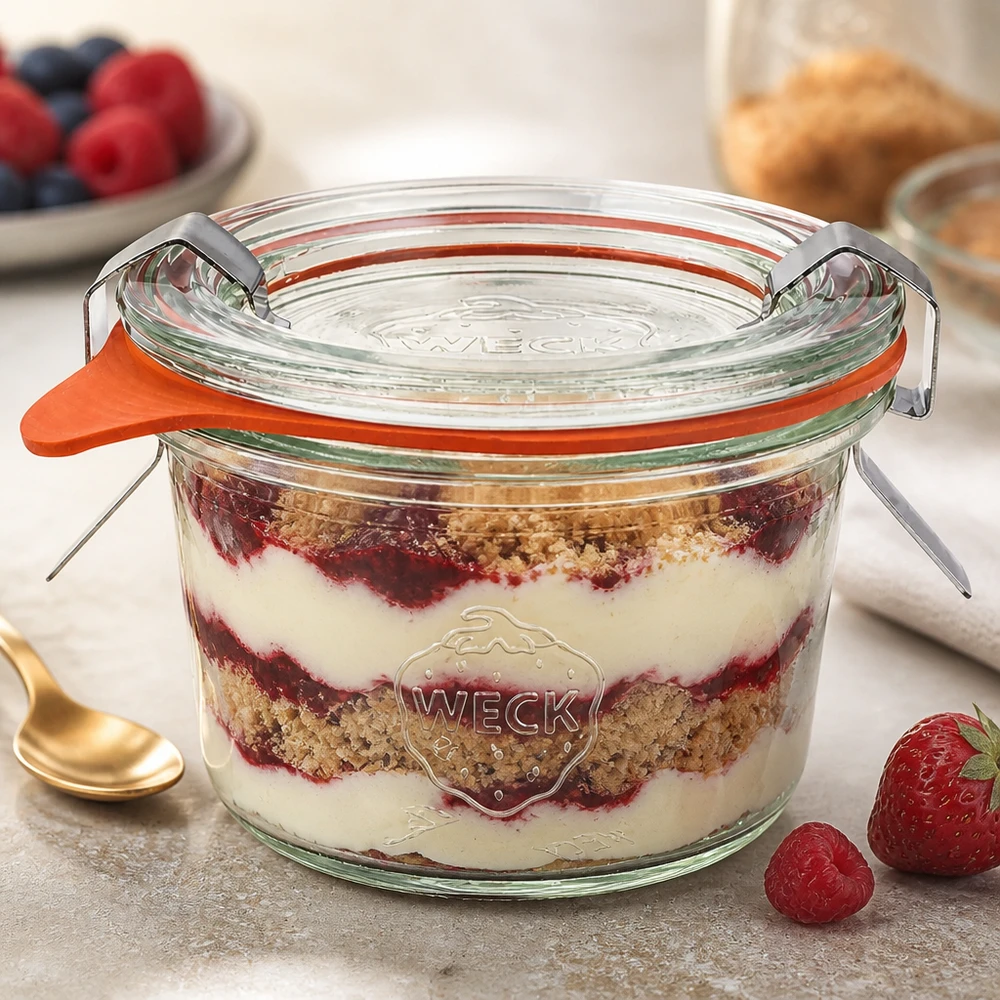 WECK glas 80ml RR60 med lagrad dessert Tiramisu visar mångsidig användning för desserter och portionering