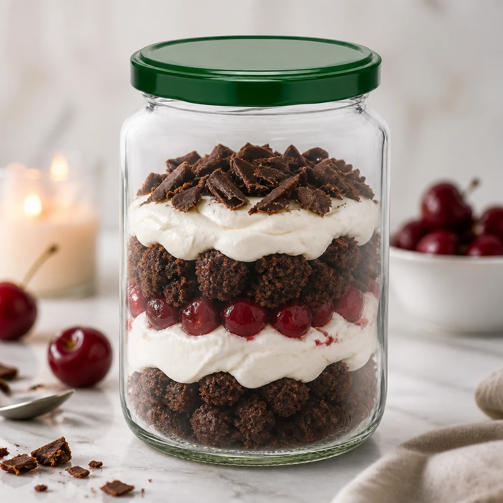 795 ml UNiTWIST rund burk med grönt BasicSeal-lock fylld med en dessert bestående av choklad, grädde och körsbär