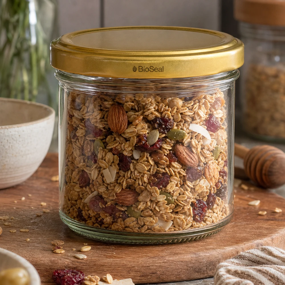 125 ml Krossade glasögon med UNiTWIST BioSeal-lock i guld UNiTWIST 125ml Vorratsglas mit Müsli und Nüssen - goldener TO66 Deckel für luftdichte Aufbewahrung von Granola
