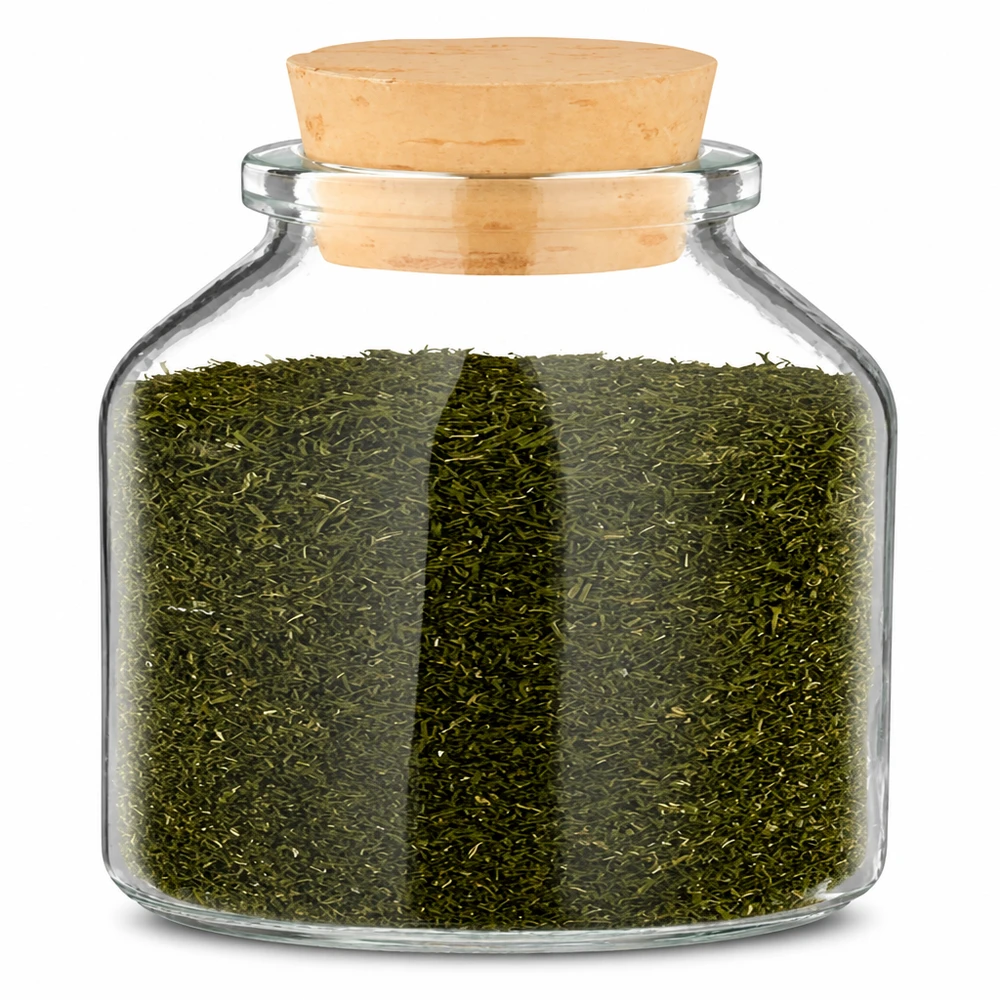 Idé för en kryddburk i glas: Rund 100 ml klar inkl. kork 22/26 Rund, genomskinlig kryddburk på 100 ml med naturkork, fylld med grönt te