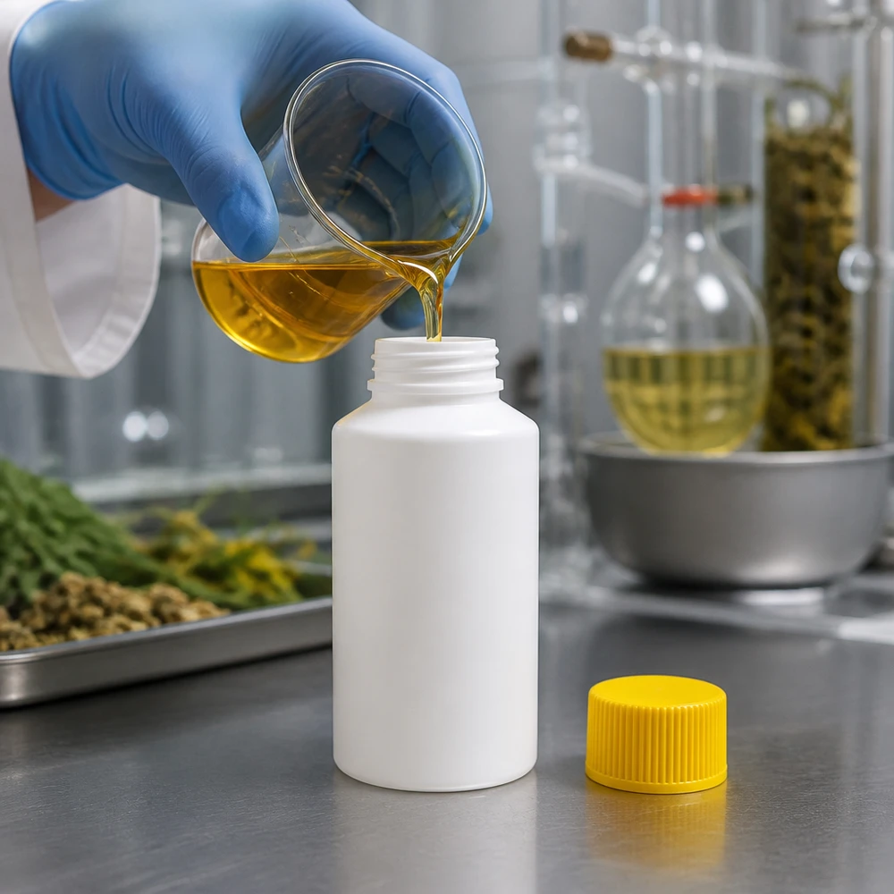 Laboratorietekniker fyller ett guldfärgat extrakt i en vit 50 ml HDPE-apotekflaska med ett gult barnsäkert lock