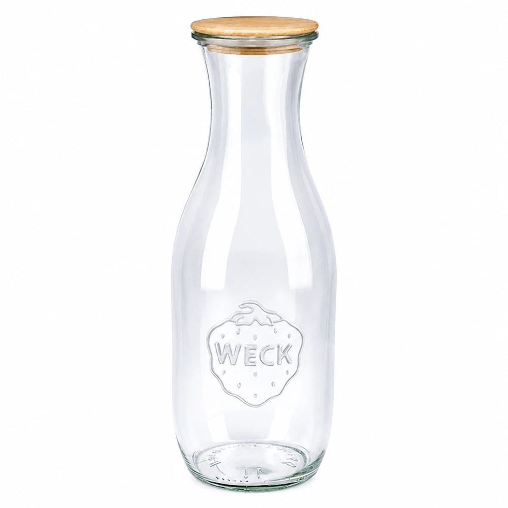 1062ml juiceflaska WECK RR60 med trälock WECK juiceflaska 1062ml av glas med trälock RR60 transparent tom stående på vit bakgrund