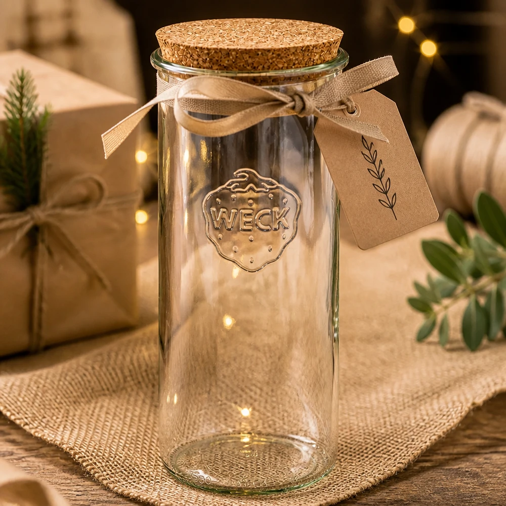 1500ml Krossade glasögon WECK RR100 med naturkork WECK drinkglas 1500ml RR100 tomma med kork presentförpackning brunt band etikett juldekoration
