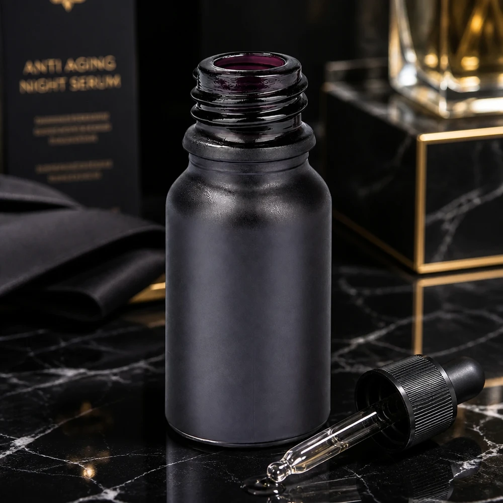 10ml apoteksflaska BlackLine UT18/10 UNiTWIST Svart 10 ml apoteksflaska BlackLine UT18/10 med pipett för exakt dosering av serum