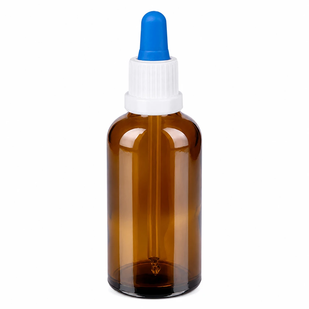50 ml pipettflaska vit/blå med säkerhetsförslutning BrownLine UT18/50 50 ml pipettflaska av bärnstensfärgat glas med vitt lock och blått pipettfäste